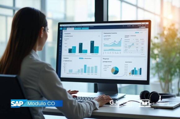 Donna al computer che analizza dati di controllo gestione in SAP, con grafici e report su costi e ricavi in un ambiente d’ufficio moderno.