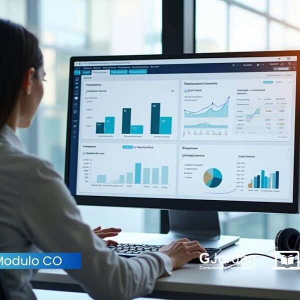 Donna al computer che analizza dati di controllo gestione in SAP, con grafici e report su costi e ricavi in un ambiente d’ufficio moderno.