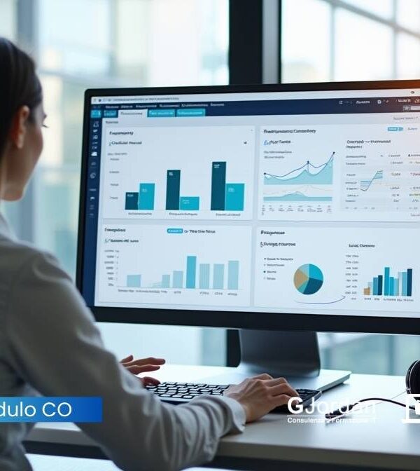 Donna al computer che analizza dati di controllo gestione in SAP, con grafici e report su costi e ricavi in un ambiente d’ufficio moderno.