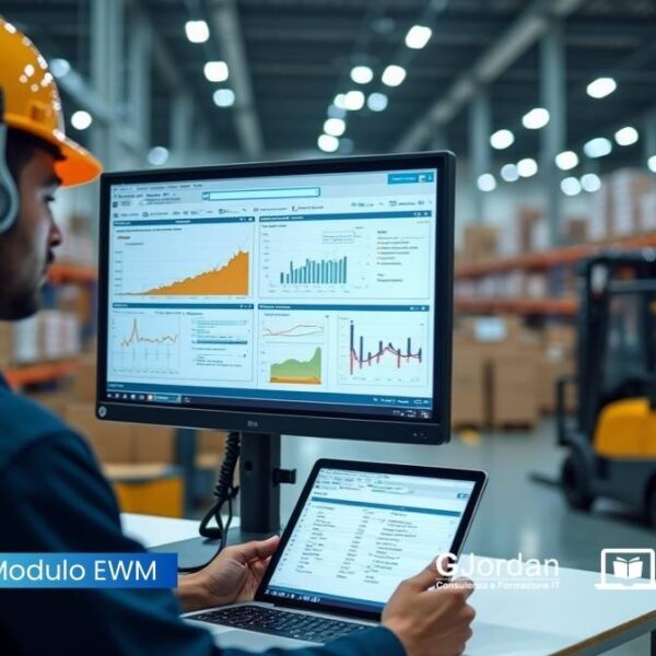 Professionista usa SAP EWM per controllare attività di magazzino in tempo reale, con dashboard logistica e ambiente industriale moderno sullo sfondo.