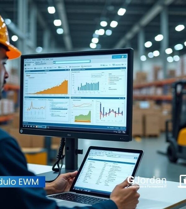 Professionista usa SAP EWM per controllare attività di magazzino in tempo reale, con dashboard logistica e ambiente industriale moderno sullo sfondo.