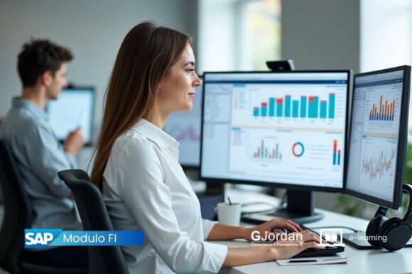 Persona in ufficio lavora su SAP FI per gestire bilanci e contabilità aziendale, con grafici e dati finanziari visibili a schermo.