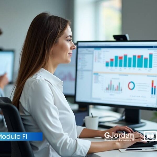 Persona in ufficio lavora su SAP FI per gestire bilanci e contabilità aziendale, con grafici e dati finanziari visibili a schermo.