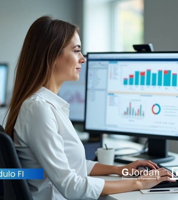 Persona in ufficio lavora su SAP FI per gestire bilanci e contabilità aziendale, con grafici e dati finanziari visibili a schermo.