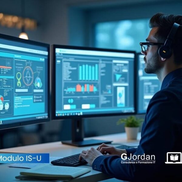 Professionista al PC gestisce dati di bollettazione e utenze su SAP IS-U in un ufficio moderno, con riferimenti ai servizi di energia, acqua e gas.