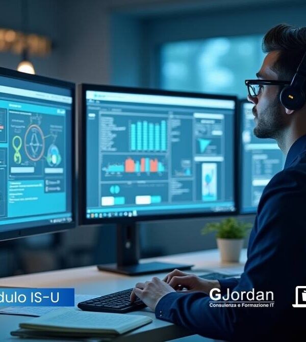 Professionista al PC gestisce dati di bollettazione e utenze su SAP IS-U in un ufficio moderno, con riferimenti ai servizi di energia, acqua e gas.