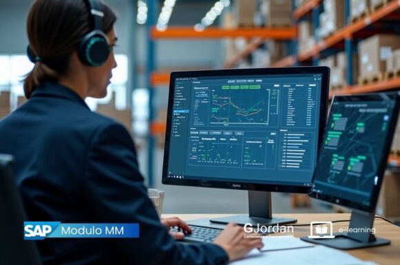 Impiegato controlla a monitor la gestione logistica in SAP MM con dati su ordini, magazzino e flussi materiali, in un ambiente moderno con elementi logistici.
