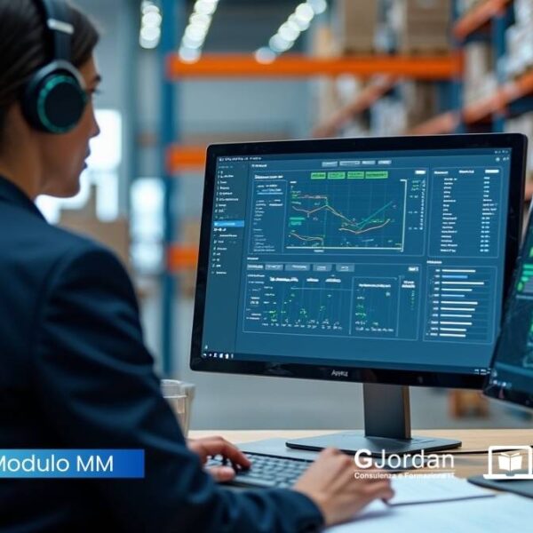 Impiegato controlla a monitor la gestione logistica in SAP MM con dati su ordini, magazzino e flussi materiali, in un ambiente moderno con elementi logistici.