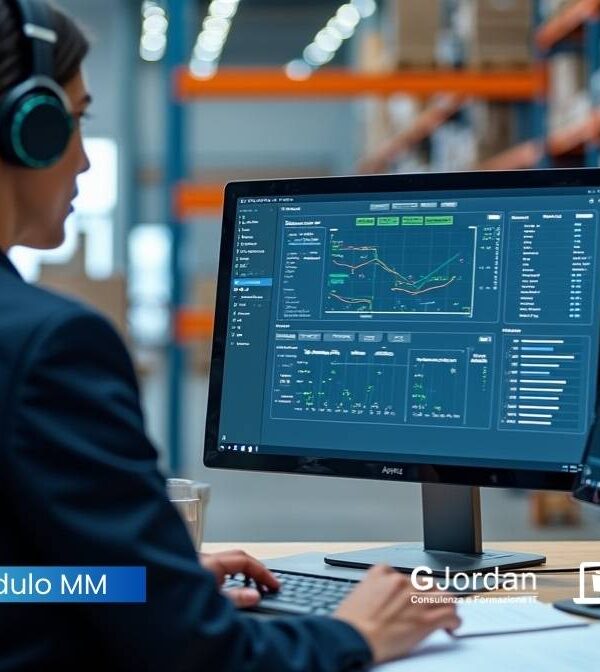 Impiegato controlla a monitor la gestione logistica in SAP MM con dati su ordini, magazzino e flussi materiali, in un ambiente moderno con elementi logistici.