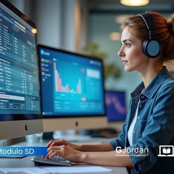 Persona al computer che utilizza SAP per gestire vendite e distribuzioni, con grafici e dati su ordini e spedizioni in un ufficio moderno.