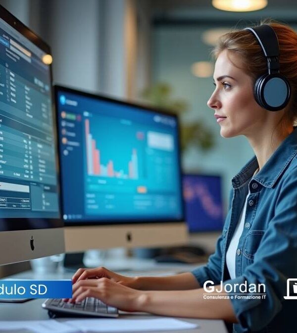 Persona al computer che utilizza SAP per gestire vendite e distribuzioni, con grafici e dati su ordini e spedizioni in un ufficio moderno.