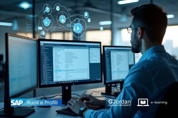 Persona al computer che gestisce ruoli e autorizzazioni su SAP, in un contesto di lavoro moderno e sicuro, simbolo della formazione online in ambito Security SAP.
