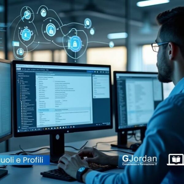 Persona al computer che gestisce ruoli e autorizzazioni su SAP, in un contesto di lavoro moderno e sicuro, simbolo della formazione online in ambito Security SAP.
