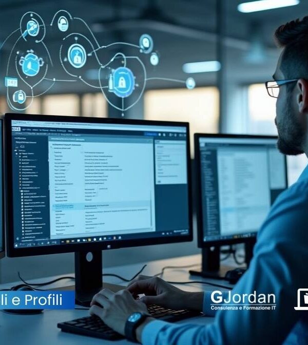 Persona al computer che gestisce ruoli e autorizzazioni su SAP, in un contesto di lavoro moderno e sicuro, simbolo della formazione online in ambito Security SAP.