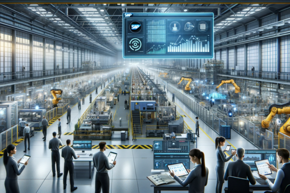 Impianto di produzione avanzato con lavoratori e robot industriali, con professionisti che utilizzano tecnologia SAP per lo schedulatore di produzione su un grande schermo digitale sospeso.