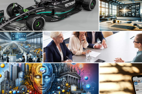 Collage di immagini che rappresentano l'innovazione e la professionalità nel mondo degli affari e della tecnologia, simboleggiando la formazione avanzata offerta da GJordan: una macchina da Formula 1, un ufficio tecnologico, una fabbrica automatizzata, una riunione d'affari, una città futuristica AI, e l'app LinkedIn su uno smartphone.