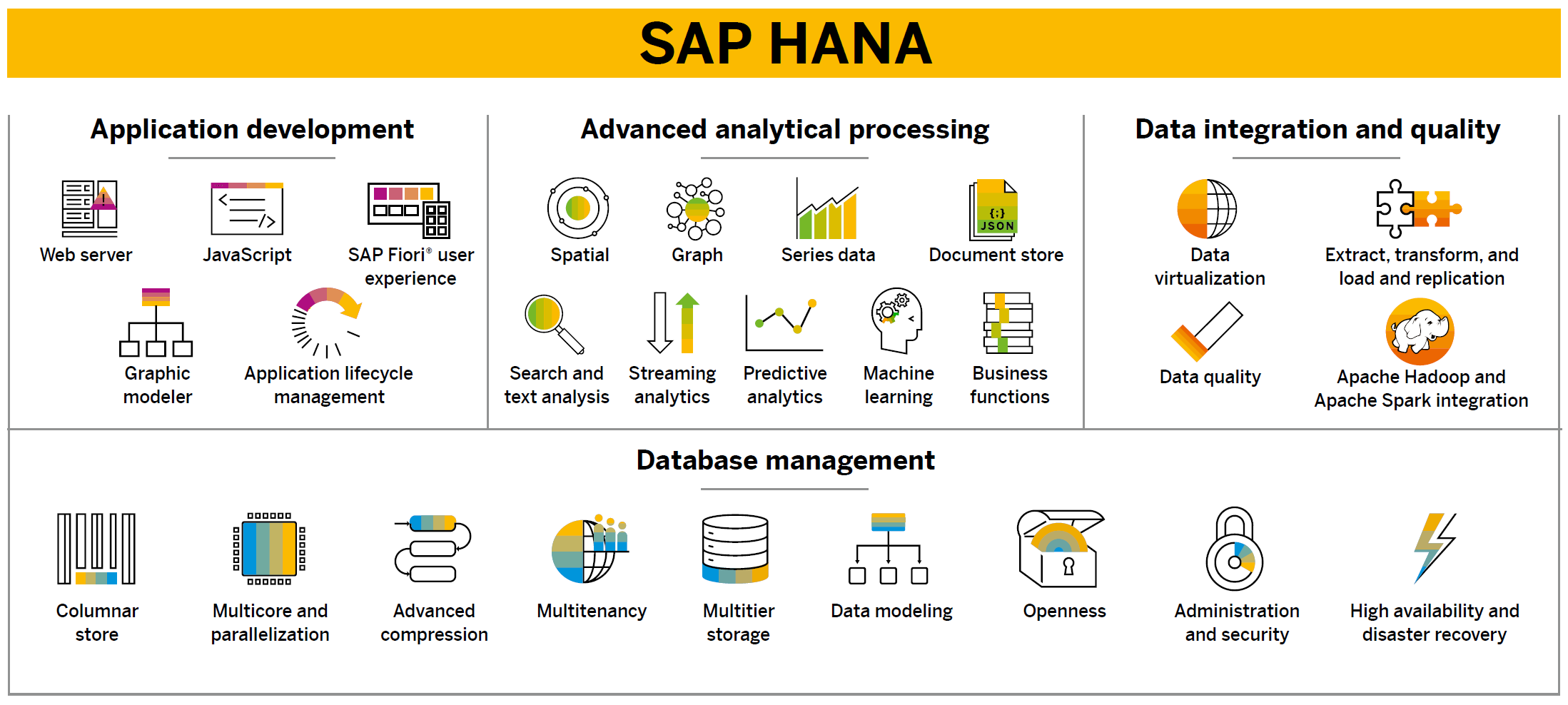 Diagramma informativo colorato che presenta le funzionalità chiave di SAP HANA, suddivise in sviluppo di applicazioni, elaborazione analitica avanzata, integrazione e qualità dei dati, e gestione del database.