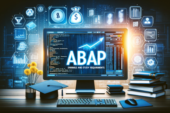 Un'immagine di copertina per un articolo, con un computer che mostra il codice ABAP su uno schermo, accanto a libri e un tocco accademico. Elementi finanziari e grafici di crescita evidenziano la carriera di un programmatore ABAP.