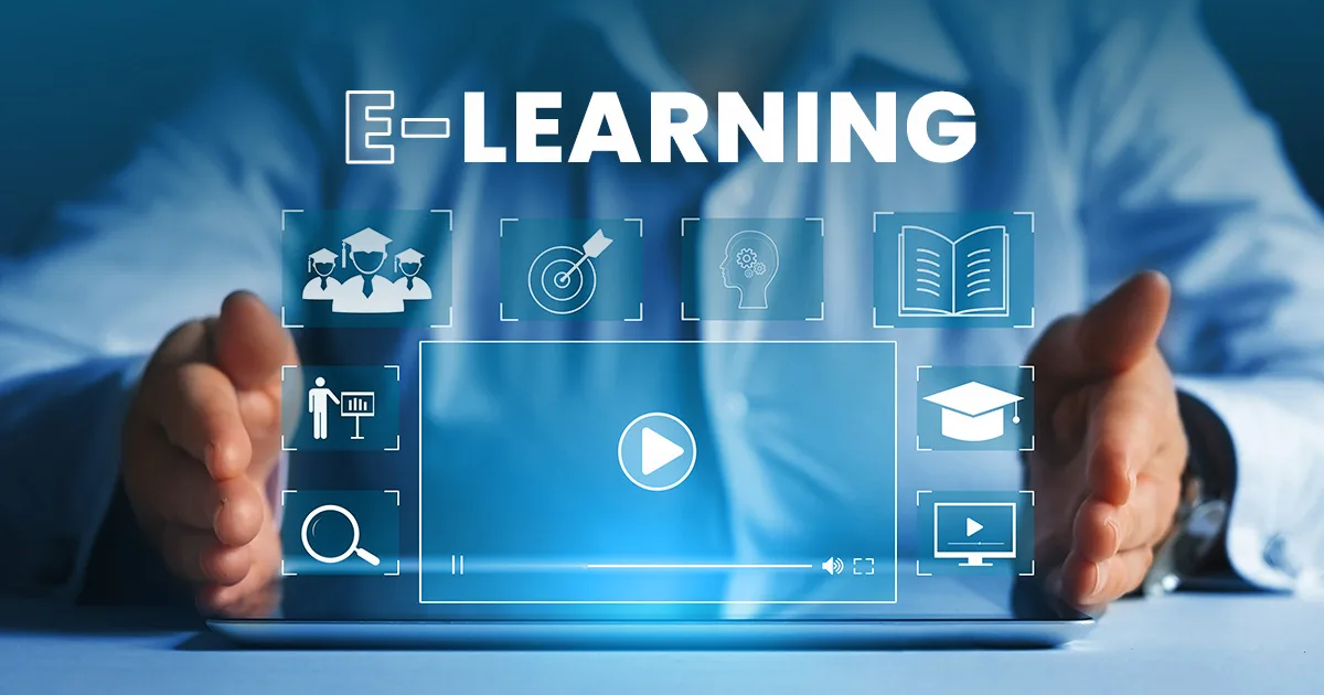 Mani aperte sostengono simboli di e-learning fluttuanti che rappresentano i moduli SAP più richiesti, con icone di formazione online e sviluppo delle competenze digitali evidenziate contro uno sfondo blu.
