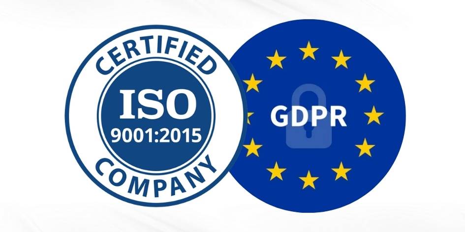 Certificazione ISO 9001:2015 e conformità GDPR di Gauss Jordan, simboli di qualità, trasparenza e protezione dei dati.